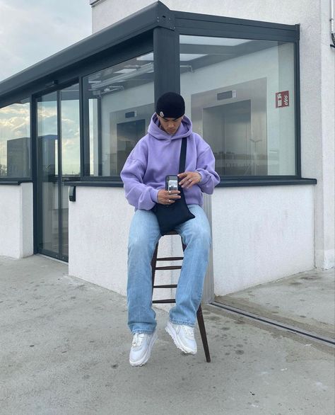 Hoodie Outfit Men Streetwear, Streetwear Men Outfits Purple, Blue Hoodie Outfit, Light Purple Hoodie, Fashion Aesthetic Outfits, Hoodie Outfit Men, Spiritual Fashion, Purple Hoodie, Trendy Boy Outfits