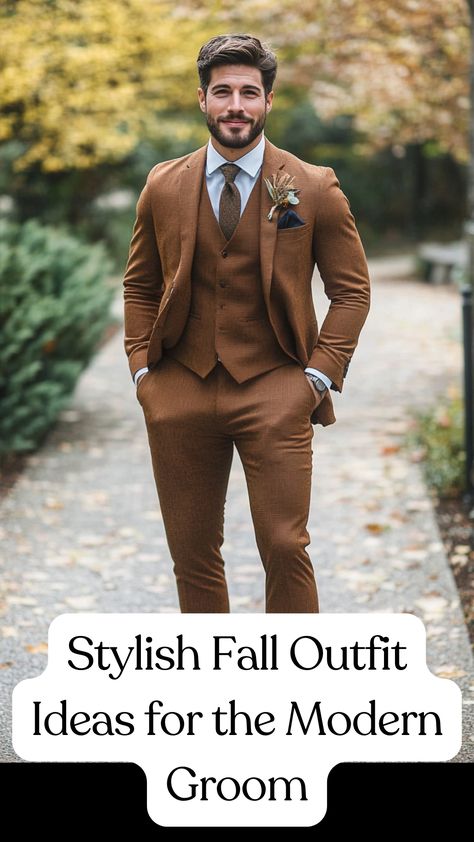 A modern groom wearing a stylish fall outfit, featuring a tailored suit in rich autumn colors, accessorized with a chic tie and elegant shoes, perfect for a fashionable fall wedding. Groom Fall Wedding, Groom Outfit Ideas, Fall Groom, Classic Suits, Modern Groom, Groom Shirts, Wedding Party Outfits, Grey Slacks, Timeless Outfits