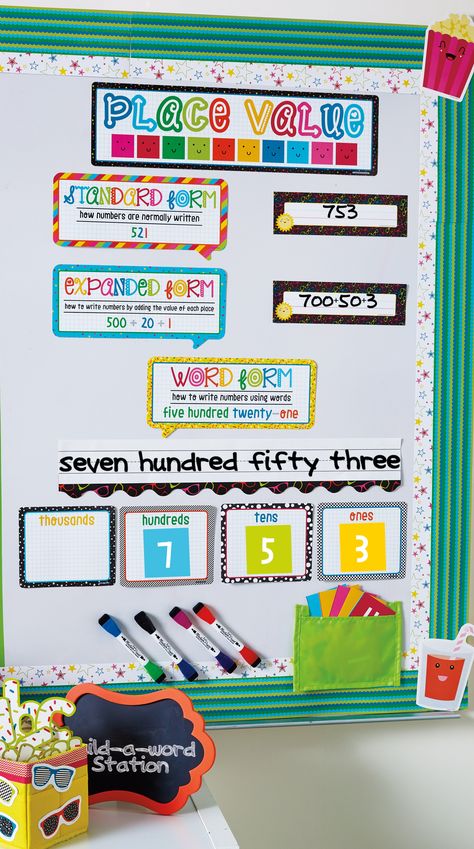 This colorful and popping Place Value bulletin board set is sure to engage your students! Part of the School Pop classroom collection from Carson-Dellosa. Place Value Bulletin Board, Math Bulletin Boards, Math Wall, Calendar Math, Eureka Math, Math Place Value, Carson Dellosa, Fourth Grade Math, 3rd Grade Classroom