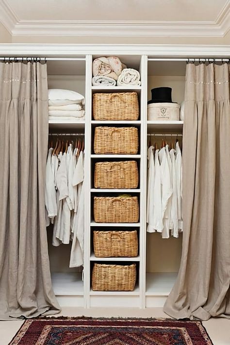 27 Fashionable Closet Door Curtain Ideas to Keep You Far from Mess Curtains For Closet Doors Bedroom Ideas, Closet With Curtains For Doors, Curtain For Closet Door Bedroom Ideas, Curtains Instead Of Closet Doors, Closet Doors With Curtains, Closet Door Ideas Curtain, Curtain For Closet Door, Curtain Closet Door Ideas, Replace Sliding Closet Doors