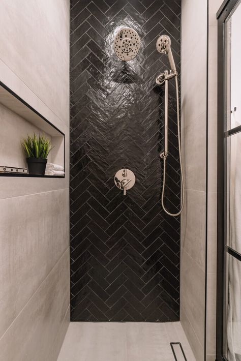 FINAL REVEAL FALL 2020 ONE ROOM CHALLENGE 8 Dark Tile Walk In Shower Ideas, Shiny Black Tile Bathroom, Bathroom Black Tile Ideas, Masculine Shower Tile, Black Tiled Shower Ideas, Moody Shower Tile, Black Tile In Bathroom, Shower Black Tile, Black And White Shower Ideas