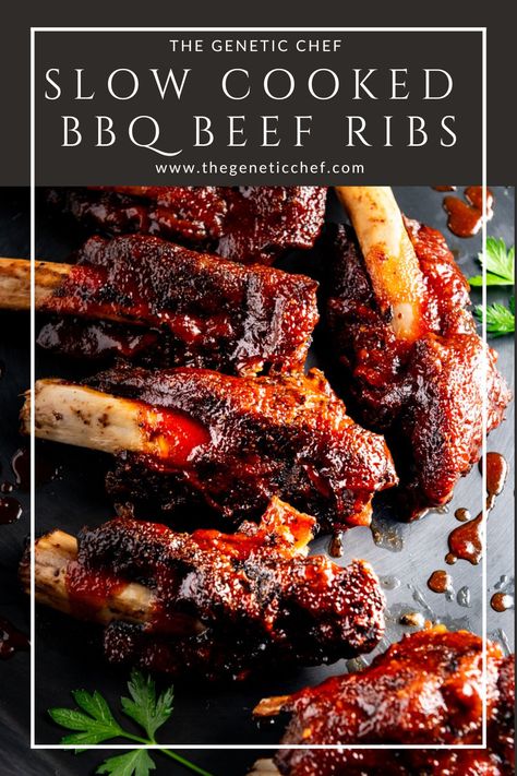 Tender, flavorful, fall-off-the-bone BBQ-seasoned beef ribs are cooked in a slow cooker then coated with a 10 minute homemade BBQ sauce and finished on either the grill or under a broiler. These are super easy to make and can be made ahead. #bbqbeefribs #beefribs #bbqbeefcrockpot #bbqrecipes #bbqribs | @thegeneticchef Slow Cook Bbq Beef, Beef Back Ribs Slow Cooker, Bbq Short Ribs Slow Cooker, Bbq Beef Crockpot, Beef Ribs Recipe Slow Cooker, Spare Ribs Slow Cooker, Slow Cooker Beef Ribs, Beef Ribs Slow Cooker, Slow Cooker Ribs Recipe