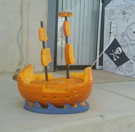 Pumpkin Pirate Ship, Boat Pumpkin Carving, Pirate Ship Pumpkin Carving, Ship Pumpkin Carving, Pirate Ship Pumpkin, Pirate Pumpkin Carving, Pirate Pumpkin, Halloween Makeup For Kids, Pumpkin Cravings