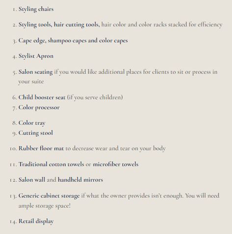 What you need to start a salon suite Opening A Salon Checklist, Salon Suite Checklist, Starting A Salon Business Checklist, Salon Start Up Checklist, Salon Manager Duties, Opening A Salon Suite Checklist, Hair Salon Equipment List, Salon Suites Layout, Kids Booster Seat