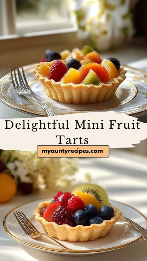 Enjoy these bite-sized fruit tarts that are as beautiful as they are delicious! With a creamy filling and a variety of fresh fruit on top, these tarts are a delightful dessert for any event. A buttery crust and creamy center make each tart a refreshing, irresistible treat! Mini Tarts Photography, Fresh Fruit Dessert Ideas, Chocolate Fruit Tart, Mini Tarts Dessert Bite Size, Fruit Tartelette, Appetizer Tarts, Fruit Tart Decoration, Fruit Desserts For Parties, Tarts Recipe Dessert