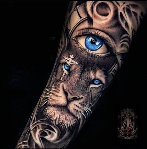 Leon Tattoo, Lion Arm Tattoo, Voll Arm-tattoos, Tiger Eyes Tattoo, Stammestattoo Designs, Lion Forearm Tattoos, Tiger Tattoo Sleeve, Kiss Tattoos, Animal Sleeve Tattoo