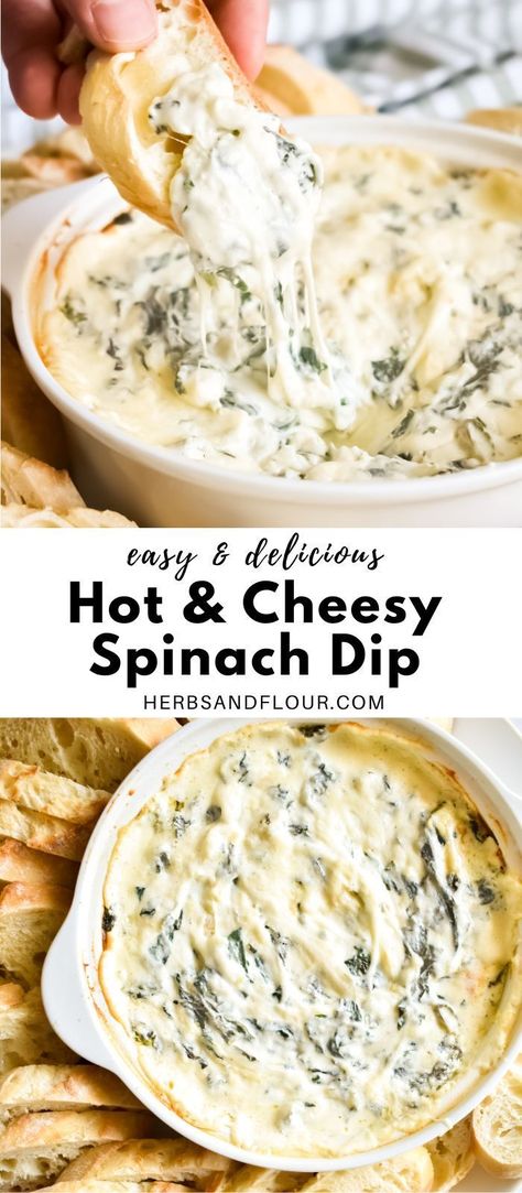 This hot Cheesy Spinach Dip recipe consists of three types of cheeses and fresh spinach baked until melty and gooey. Best of all, this hot spinach dip recipe is easy to make ahead of time and is always a crowd-pleasing appetizer! Healthy Hot Spinach Dip, Creamy Cheesy Spinach Dip, Cheddars Spinach Dip Recipe, Spinach Dip With Fresh Spinach, Hot Dips For Parties Appetizers, Cheddars Spinach Dip, Spinach Dip Recipe Easy, Fresh Spinach Dip, Hot Spinach Dip Recipe