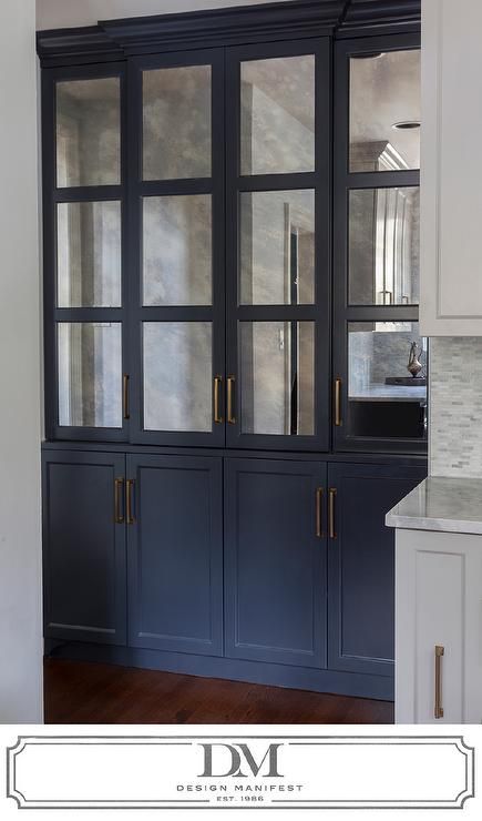 Kitchen Cabinets Dark Bottom Light Top, Benjamin Moore Raccoon Fur, Painted Pantry Doors, Mirrored Kitchen Cabinet, Kitchen Cabinets Painted Grey, Mirrored Cabinet Doors, Painted Pantry, Cabinets Painted, Small Kitchen Cabinets