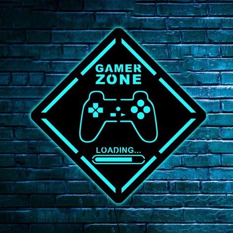 Art With Led Lights, Games For Men, Game Room Wall Art, Name Wall Decor, Funny Wall Decor, Gamer Tags, Led Wall Art, Computer Room, Gamer Room