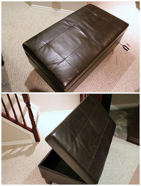 Storage Bench Makeover, Bench Makeover, Leather Storage Bench, Blanket Holder, Faux Leather Ottoman, Diy Storage Bench, Hall Bench, Leather Trunk, Decorating Crafts