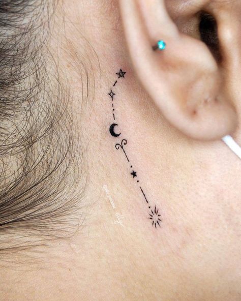 101 Amazing Constellation Tattoos For 2024! 14 Outsons Aries Constellation Tattoo Behind Ear, Aries Ear Tattoo, Outsons Tattoo, Constellation Tattoo Ideas, Sagittarius Constellation Tattoo, Aries Zodiac Tattoos, Star Constellation Tattoo, Scorpio Constellation Tattoos, Meaningful Symbol Tattoos