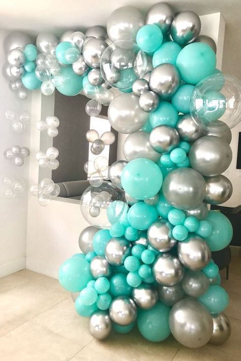 Turquoise Sweet 16 Decorations, Breakfast At Tiffanys Balloon Garland, Breakfast At Tiffany’s Balloon Arch, Turquoise 21st Birthday Ideas, Tiffany Blue Balloon Arch, Aqua Sweet 16 Decorations, Turquoise Quinceanera Decorations, Turquoise Quinceanera Theme, Tiffany Blue Balloons