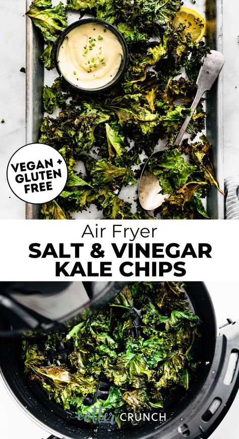 Helloooo healthy summer recipe! These easy air fryer kale chips are made in minutes for a crispy, crunchy, and completely addicting kid-friendly, better-for-you snack you’ll love! Gluten free, vegan, and high in fiber, you’ll never go back to store bought potato chips again. These kale chips can be baked in the oven too! Salt vinegar kale chips recipe for the win when you are looking for easy kale recipes. Kale Chips Salt And Vinegar, Salt And Vinegar Kale Chips, Keto Kale Chips, Crispy Kale Chips Air Fryer, Kale Chips Recipe Oven, Kale Chips Air Fryer, Air Fryer Kale Chips Recipe, Kale Chips Oven, Air Fryer Kale