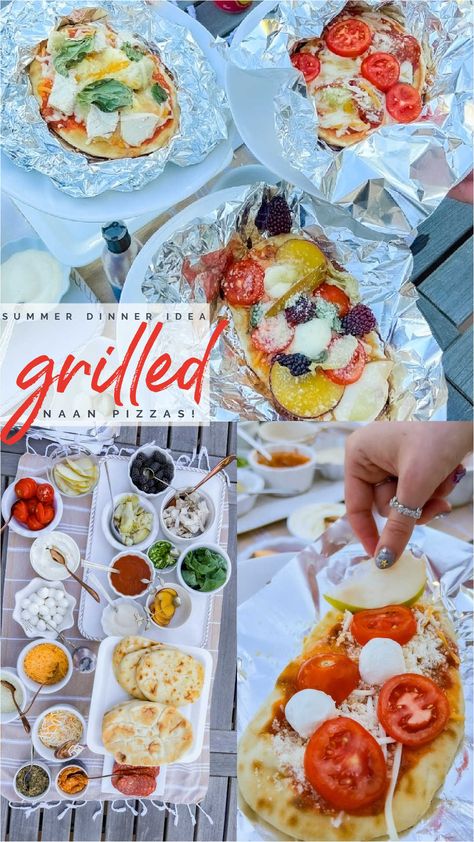 The Easiest Grilled Naan Pizzas via @tatertotsjello Mini Naan Pizza, Pizza On Grill, Mini Naan, Naan Pizzas, Fluffy Cheesecake, Naan Flatbread, Picnic Sandwiches, Grilled Corn Salad, Spreadable Cheese