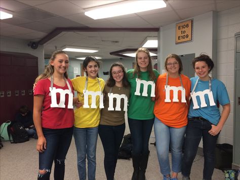 M & M! Great group costume for spirit day or week! Fun and easy! Class Group Halloween Costumes, M And M Costume Group, Diy M M Costume, Easy Group Costumes Last Minute, M&m Group Costume, M Costumes, M And M Halloween Costume, M&m's Halloween Costume, M&m Halloween Costume Diy