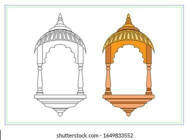 Jharokha Illustration, Window Frame Drawing, Rajasthani Window, Front Window Design, Wedding Initials Logo, Temple Drawing, Frame Drawing, Ancient Indian Architecture, Art Jewelry Design