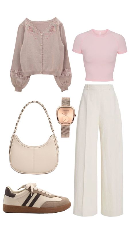 💖 #pink #pinkaesthetic #pinkaesthethic Pink And Cream Outfit, Outfit Color Combos, Fashion 23, Cream Outfit, Cream Outfits, Easy Hairstyles For Thick Hair, Cardigan Outfit, Fits Inspo, Cardigan Outfits