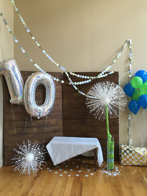 Birthday party decor  10 birthday  Banner  Giant dandelion  Green and blue party  Wooden board Wooden backdrop Green And Blue Party, Dandelion Ideas, Prek End Of Year, Giant Dandelion, Wooden Backdrop, Thank You Ideas, Wooden Backdrops, Dandelion Wishes, Decor Birthday Party