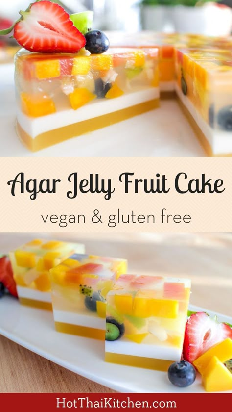 This beautiful, no bake dessert is light, healthy filled with fresh fruit�perfect for the summer. Agar jelly is also vegan friendly! #vegan #dessert #nobake #healthy #fruit #agar #jelly Jelly Fruit Cake, Winter Bakes, Kuih Lapis, Jelly Fruit, Patisserie Vegan, Agar Jelly, Healthy Fruit Desserts, Korean Dessert, Jelly Desserts