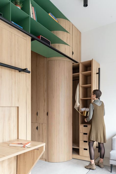 Photo 24 of 40 in Domestico by Juan Alberto Andrade - Dwell Office Cabinet Design, Custom Wood Cabinets, Simple Couch, Fold Down Beds, Hidden Closet, 2022 Picture, Hang Clothes, Micro Apartment, Small Studio Apartment