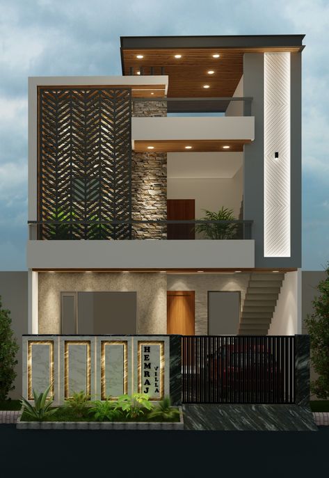 This facade has a Elegant looking jaali design made of 1 inch cast iron metal square tubes. 25 Feet Front Elevation Modern, Residential Facade Design, Low Budget House Design, Residence Elevation, Residential Facade, Pagar Modern, Low Budget House, Little House Plans, House Roof Design