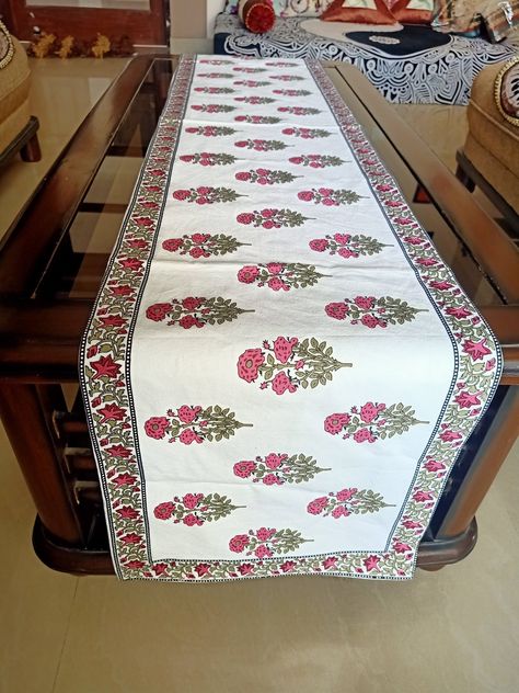 Pink Runner, Cotton Canvas table runner Floral Print White Base with Four side boarder 70"x13" Block Print Decor Table Linen Tailoring Dress, Canvas Table Runner, Pink Table Runner, Canvas Table, White Table Runner, Thanksgiving Table Runner, Printed Table Runner, Christmas Runner, Pink Table