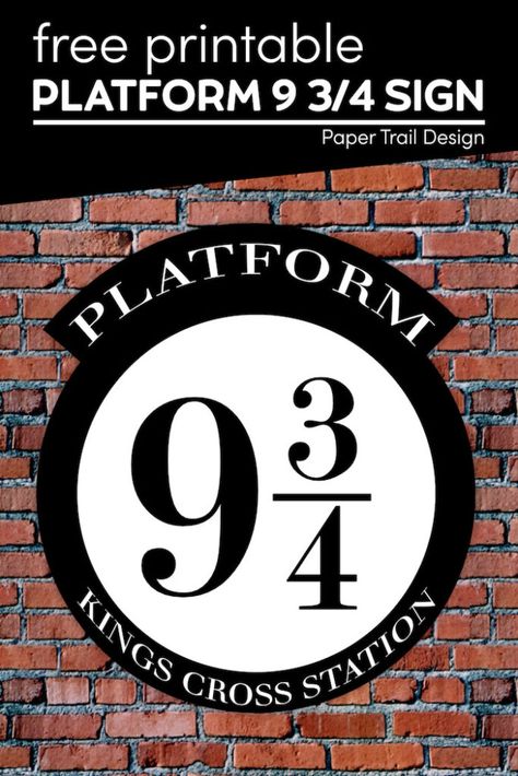 Print this platform 9 3/4 sign for free and use our tutorial to make a fun platform 9 3/4 prick wall out of a plastic table cloth or shower curtain. Free Harry Potter Signs, Diy Platform 9 3/4 Sign, Diagon Alley Signs Free Printable, Harry Potter Printable Decorations, Diy Platform 9 3/4, Harry Potter Party Signs, Platform 9 3/4 Printable, Harry Potter Platform 9 3/4, Harry Potter 9 3/4