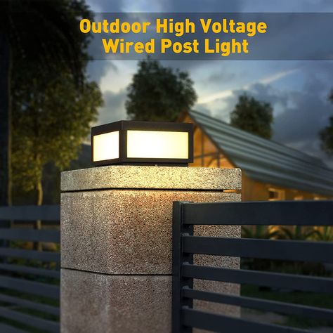 Outdoor Modern Post Light, MVBT LED Fence Deck Cap Light Lantern Column Lamp for Flat Surface Patio Garden Decoration with IP54 Waterproof E26 Bulb (High Voltage Wired) - - Amazon.com Pillar Post Lights, Fence Post Lighting Ideas, Light Posts Outdoor, Outdoor Fence Lighting, Pillar Lights Outdoor, Modern Post Lights, Outdoor Pillar Lights, Contemporary Outdoor Lighting, Fence Wall Design