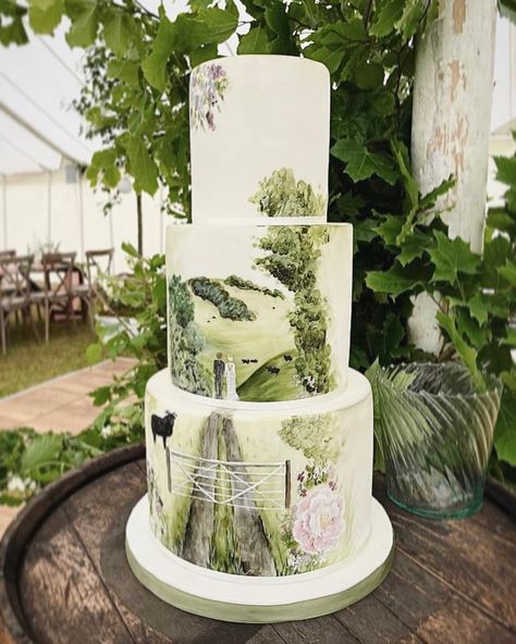 Wedding, Multi-tier, Hand-painted, Couple, Cow, Farm, Cattle Fence, Trees, Pasture, Rose - cake by The Rose On The Cake, facebook Cattle Cake, Farmer Birthday Cake, Cattle Fence, Fence Trees, Painted Wedding Cake, Cow Cakes, Beauty Cakes, Hand Painted Cakes, Farm Cake