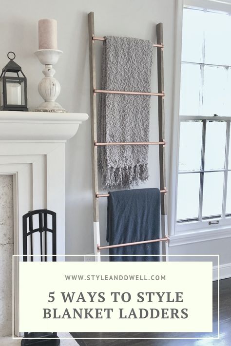 Blanket ladders provider endless styling options, here's a few of our favorite (and unique) ways to style a blanket ladder! #organize #organizing #kitchenorganizing #minimal #simplify Style A Blanket Ladder, Ladder Styling, Throw Blanket Ladder, Blanket Ladder Decor, Blanket Ladders, Blanket Holder, Diy Blanket Ladder, Wood Ladder, Blanket Ladder