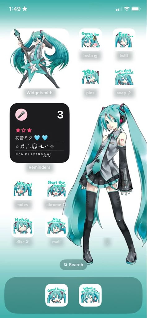 Hatsune Miku Cute Wallpapers, Hatsune Miku Phone Layout, Miku Iphone Layout, Hatsune Miku Phone Theme, Miku Phone Theme, Vocaloid Themed Phone, Widget Board Ideas, Hatsune Miku Homescreen Layout, Vocaloid Homescreen Layout