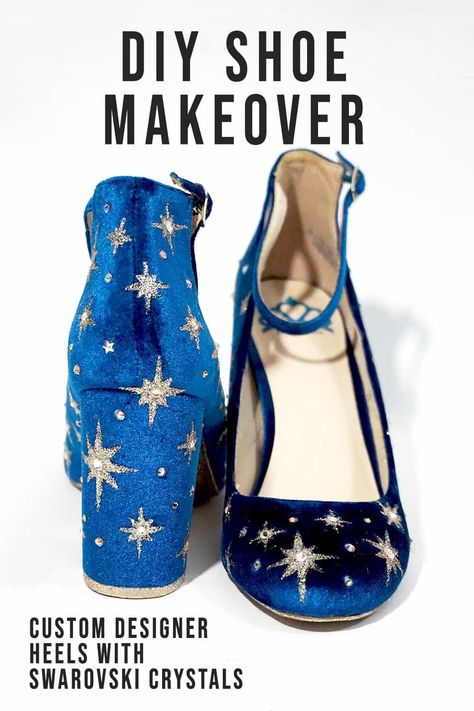 How to give your shoes a DIY makeover with swarovski crystals. Plus how to paint on velvet and a secret trick to help remove super glue. #shoes #diyfashion #shoehacks #diyideas Diy Wedges Shoes Makeover, Diy Bejeweled Boots, Diy High Heels Makeover, Diy Boots Makeover Shoe Refashion, Beading On Velvet, Diy Swarovski Crystals Projects, Diy Jeweled Shoes, Upcycle Heels Diy, Shoe Upcycle Diy