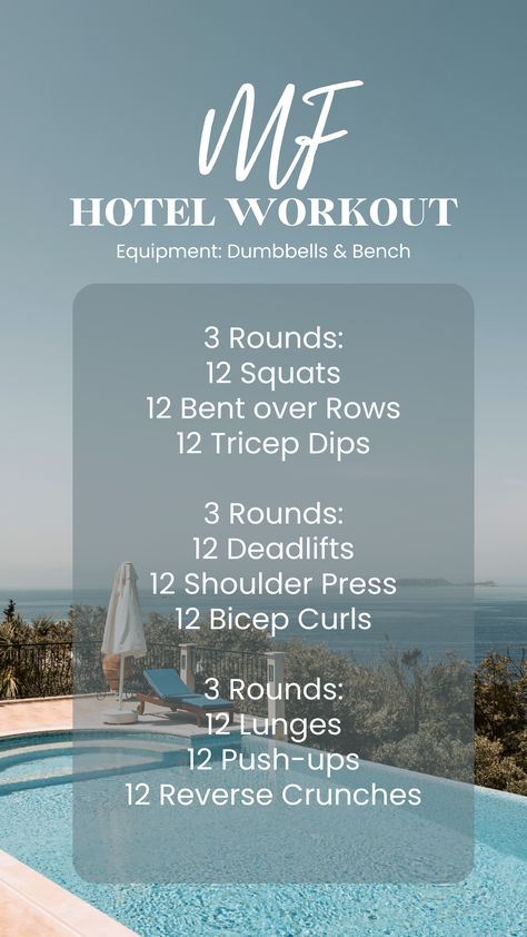 Full body hotel strength workout. Legs, back, arms, shoulders, and core. Full Body Hotel Gym Workout, Hotel Workout Gym, Hotel Workouts For Women, Hotel Gym Workouts For Women, Hotel Gym Workout, Stairmaster Workout, Hotel Room Workout, Body Strength Workout, Workouts Women