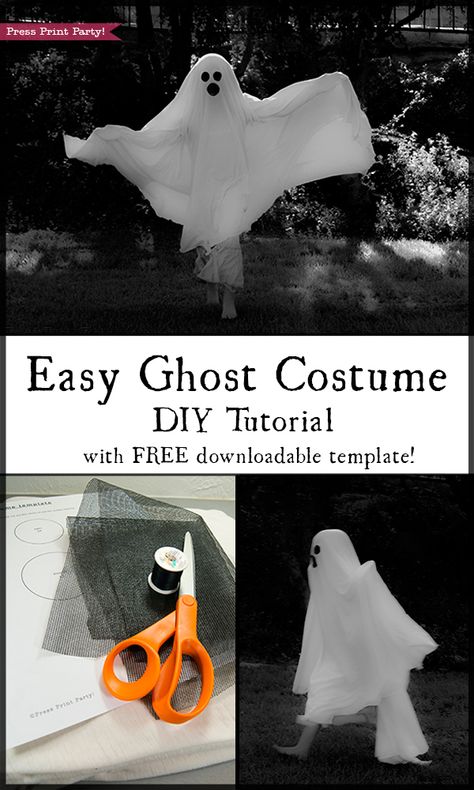 Easy Ghost Costume Tutorial DIY - With free eyes and mouth Template download - By Press Print Party! Boy Ghost Costume, Bed Sheet Ghost, Mouth Template, Easy Ghost Costume, Toddler Ghost Costume, Ghost Costume Kids, Halloween Ghost Costume, Toddler Boy Halloween Costumes, Meme Costume