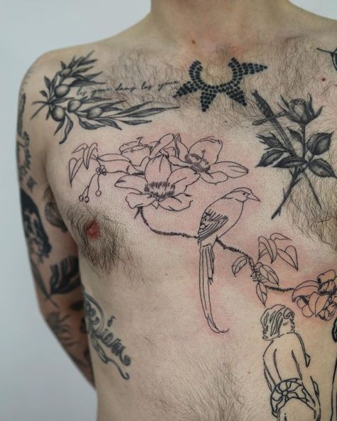 Hip Tattoos Men, Bird Chest Tattoo, Hip Tattoos, Tattoos Men, Botanical Tattoo, Line Work Tattoo, Hip Tattoo, Birds Tattoo, Chest Tattoo