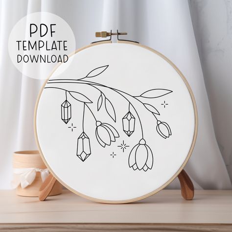 "This is a pattern TEMPLATE for the design shown above. It is for hand embroidery, and is NOT suitable for machine embroidery. You will not receive any physical products as this is a DIGITAL DOWNLOAD ONLY. You will receive a downloadable A4 sized PDF file for this pattern. It comes with patterns scaled to fit 3\", 4\", 5\", 6\", 7\" and 8\" hoops. It is up to you to choose which size hoop best suits the design you choose (tip: designs with lots of small details are usually better suited to larger hoops). You will need access to a printer to print your PDF pattern, and then you can transfer it to your fabric with an embroidery suitable pen or pencil. You will also receive a basic embroidery guide for beginners, however, please be aware this is a short and general guide and it does not conta Wood Embroidery Patterns, Embroidery Stencils Free Printable, Embroidery Patterns Templates, Hand Embroidery Patterns Free Templates, Plant Embroidery Pattern, Magical Embroidery, Witchy Embroidery, Embroidery Patterns Free Templates, Witch Embroidery