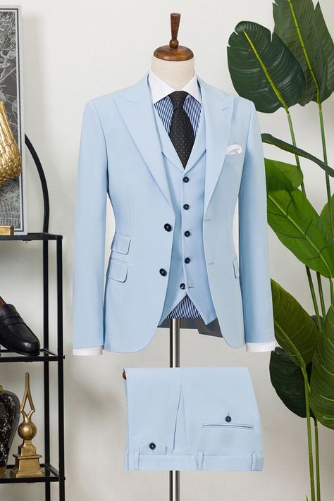 A breath of fresh air in menswear, the Sky-Blue Slim-Fit Suit 3-Piece captures a bold yet graceful look, perfect for making a lasting impression.  #skyblue #slimfitsuit #menswear #formallook #elegantmenswear #freshstyle #suitup #classymensfashion #uniqueformalwear #tailoredsuit Blue Slim Fit Suit, Bow Tie Suit, Modern Fit Suit, Suit Stores, Suit Styles, Slim Fit Suit Men, Tuxedo Blazer, Slim Fit Suits, Mens Fashion Classy