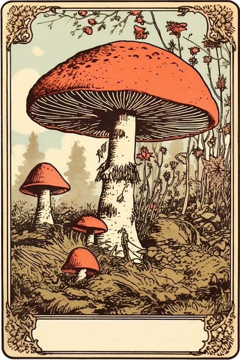 Mushroom Tarot card Mushroom Cards, Vintage Mushroom Art, Fungi Illustration, Mushroom Aesthetic, Mushroom Illustration, White Mushrooms, Vintage Mushroom, Mushroom Decor, Mushroom Art