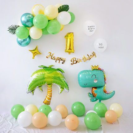 Decor Dinosaur Party, Dino Theme Birthday Party Decor, Dino Birthday Decor, Decorate With Balloons, Balloon Decorations Without Helium, Toddler Birthday Party Themes, Theme First Birthday, Fake Leaves, Balloons Ideas