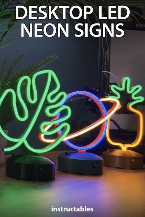 DIY Machines shares how to make customizable desktop LED neon signs / lamps using 3D printed pieces and neon effect LED strips #Instructables #electronics #technology #lighting #3Dprint Diy Neon Light Sign Wall Art, Neon Signs Ideas, Lamp 3d, Neon Bedroom, Lamp Inspiration, Neon Lamp, Pokemon Diy, Neon Room, Neon Decor