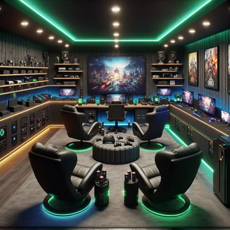 Step into this man cave, a haven for gamers. Painted black walls encase a space boasting a giant LED screen, luxurious leather gaming chairs, and a trove of vintage to modern gaming consoles. A hi-tech gaming PC, energy drink-filled mini-fridge, and array of gaming headsets complete the look. #ManCave #GamingRoom #PCGaming #ConsoleGaming #RetroArcade #GamerSetup Luxury Gamer Room, Luxurious Gaming Room, Epic Game Room, Couples Gaming Room Setup Modern, Gaming Room Man Cave, Video Game Man Cave, Modern Man Cave Design, Game Studio Office, Luxury Game Room Design