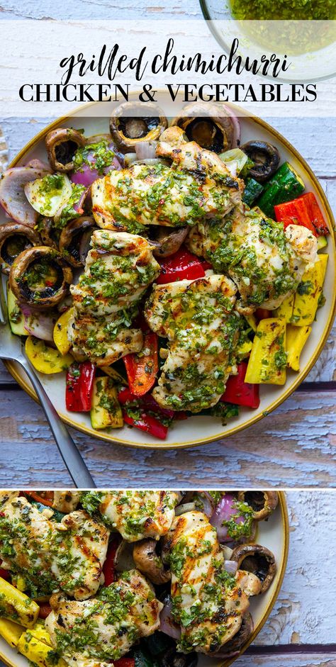 Grilled Chimichurri Chicken and Vegetables Chimichurri Sauce Chicken, Perfect Grilled Chicken, Chimichurri Chicken, Calories In Vegetables, Grilled Chicken Thighs, Summer Veggies, Chimichurri Sauce, Grilled Zucchini, Chicken Broccoli