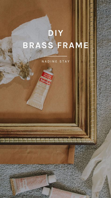 Aged Mirror Frame, Glassless Frames Ideas, How To Make Frames Look Antique, Spray Paint Frames Gold, How To Age Picture Frames, Gold Leaf Frame Diy, Refinishing Mirror Frame, Diy Brass Frame, Painting A Mirror Frame Gold