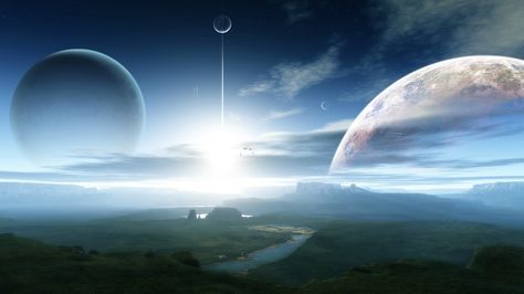 1600 x 900. Plateau. Three Moons, Sience Fiction, Space Art Gallery, Art Spatial, Starship Design, Space Photography, Tokyo Dome, Planets Art, Landscape Concept