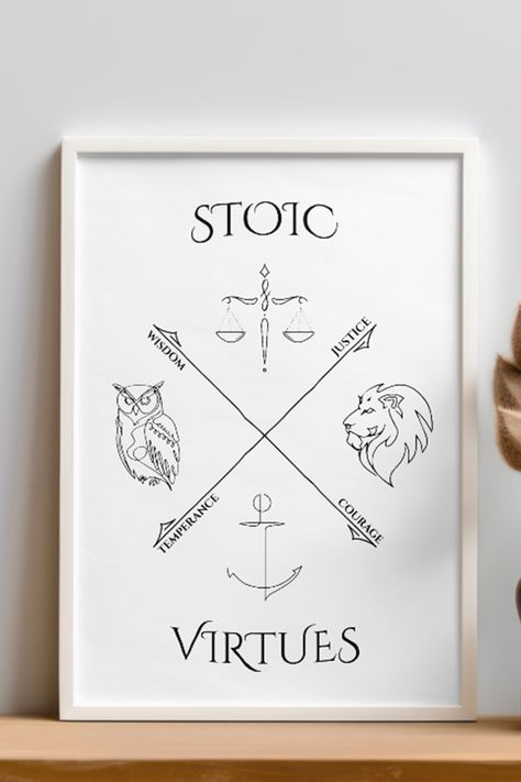 Make a statement in any room with this Stoic framed poster, printed on thick matte paper. The matte black/white frame it's made from wood from renewable forests, which adds an extra touch of class. 7 Virtues Tattoo, Stoic Symbol Tattoo, Cardinal Virtues Tattoo, Stoic Symbol, 4 Virtues Of Stoicism, Stoicism Tattoo Ideas, Stoic Tattoos For Men, Virtue Tattoo, 4 Stoic Virtues