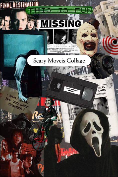 Collage-style poster featuring a mix of iconic horror movies, perfect for a dark, pop-art aesthetic! Halloween vibes Horror Collage Art, Scary Movie Collage, Iconic Horror Movies, Halloween Posters, Movie Collage, Dark Pop, Collage Style, Horror Movie Icons, Aesthetic Halloween