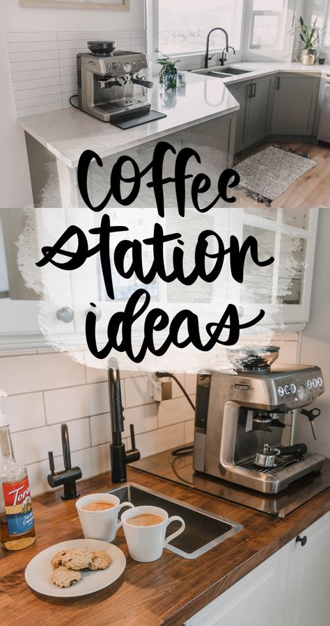 Coffee Bar With Water Dispenser, At Home Coffee Bar, Home Coffee Bar Ideas, Organized Coffee Station, Espresso Machine Kitchen, Barista Recipe, Cafe Chalkboard, At Home Coffee, Coffee Station Ideas