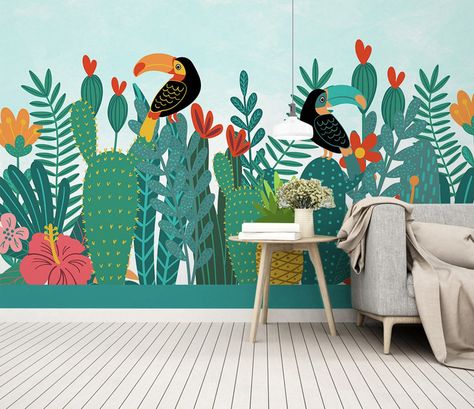 Tropical Forest Toucan Exotic Bird Wallpaper Self Adhesive | Etsy Mural Wall Art Birds, Decoration Kindergarten, Tropical Wall Mural, Matt Wallpaper, Kids Room Murals, Toucan Bird, Wallpaper Colorful, Jungle Wallpaper, Exotic Bird