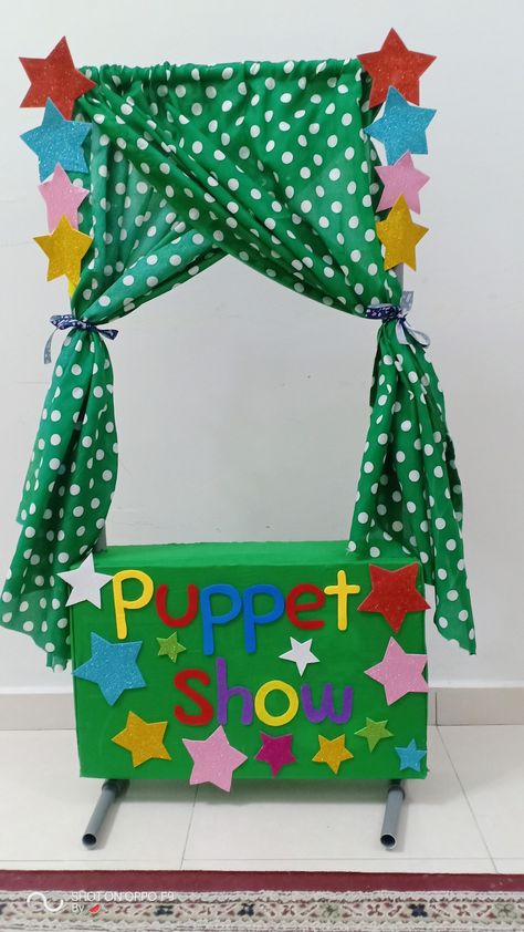 puppet theatre by teacher mun Puppet Show For Kids, Camp Themes, Summer Camp Themes, Story Props, Puppet Theatre, Sunday School Crafts For Kids, School Wall Art, Puppet Making, Puppet Theater