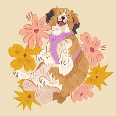 Day 15 of #doggust Kooikerhondje 🐶  Kooikerhondje, also known as the Dutch decoy dog, has a long history in the Netherlands. These small dogs were trained to catch ducks and pests. Their distinctive white, red, and orange coat and functional appearance developed through careful selection. The breed nearly went extinct in the late 19th century but was saved during World War II. 🐾✨ Today’s star is the beautiful Heidi @heidi_the_kooiker, surrounded by flowers of the same name! 🌸🐶 Kooikerhond... Dog Cute Drawing, Cute Duck Art, Pet Commissions, Illustration Palette, Dog Illustration Art, Art Fair Booth, Watercolor Dog Portrait, Illustration Dog, Dog Illustrations